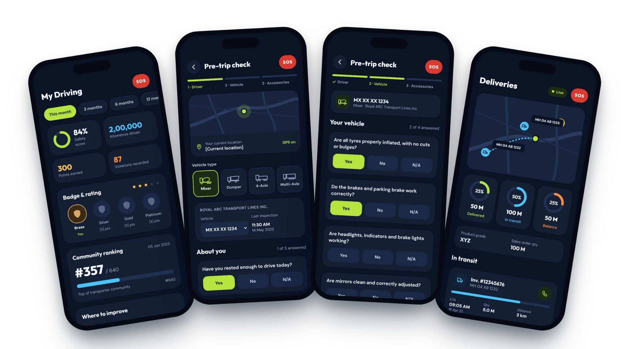 My Driving, Pre-trip check, and Deliveries screens from the driver app