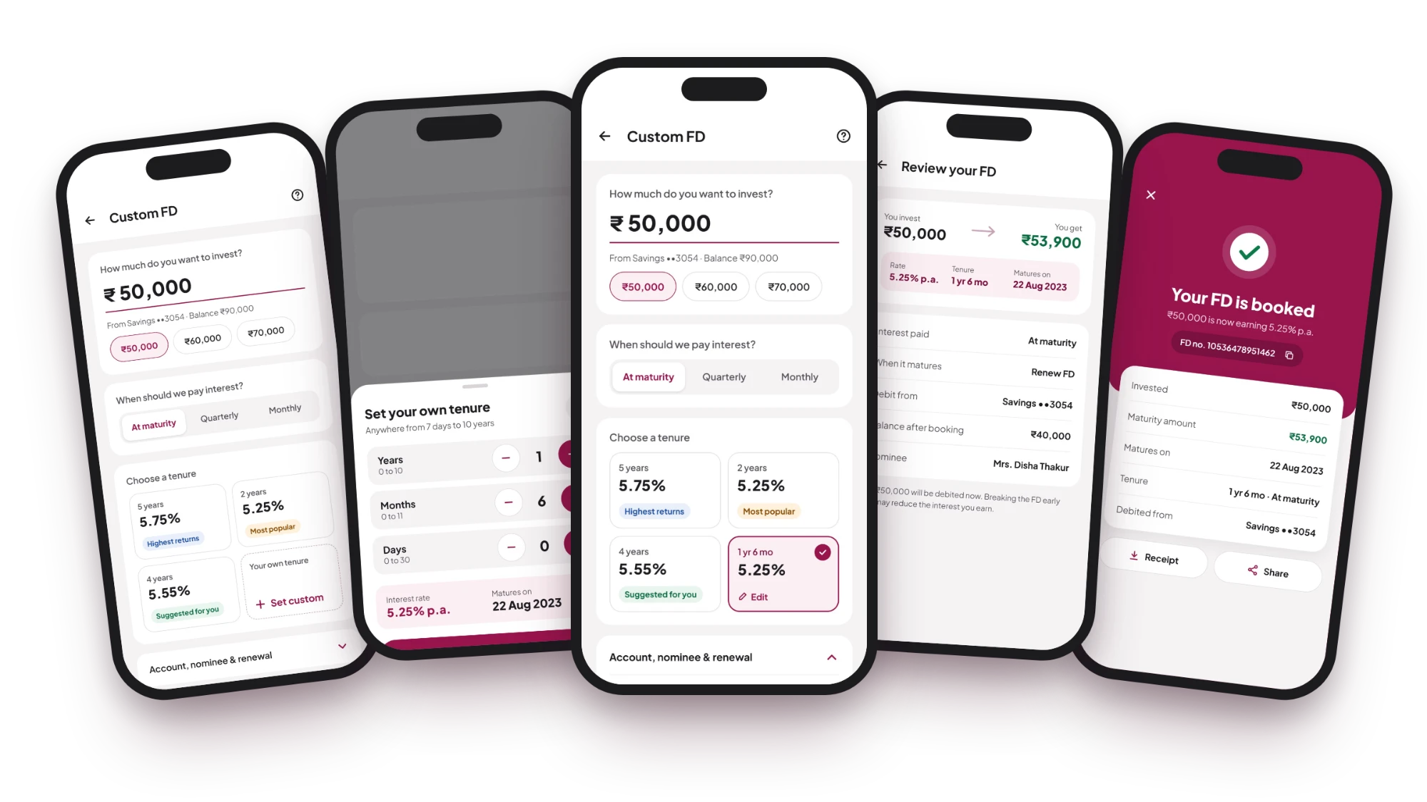 Five screens from the redesigned Fixed Deposit booking flow: custom FD setup, custom tenure picker, FD ready to book, review screen, and booking confirmation